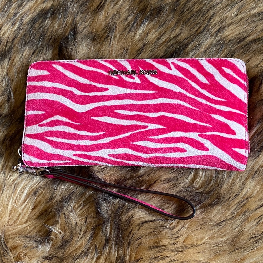 Michael Kors Hot Pink and White Zebra Print Mohair Wallet
